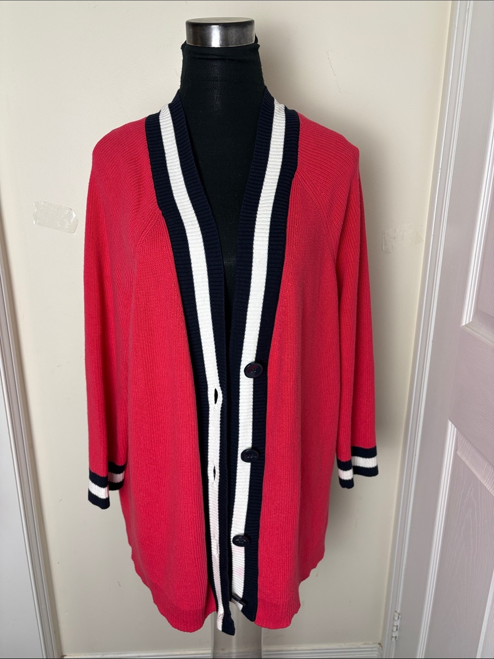 Classic Pink Button-Front Varsity Cardigan with Striped Trim